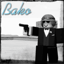 a black and white drawing of a man in a tuxedo holding a gun with the name bako on the bottom