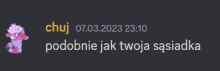 a screenshot of a chat with a purple character and the date of 07.03.2023 at 23:10