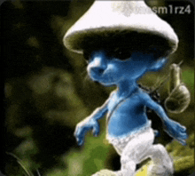 a smurf with a snail on his back is wearing a white hat