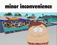 a cartoon of a man crying in front of a water park with the words minor inconvenience on the bottom