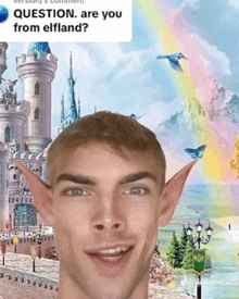 a man with elf ears in front of a castle and a rainbow