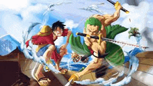 monkey d luffy and roronoa zoro from one piece are fighting each other in a painting .