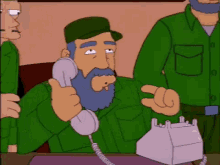 a cartoon character with a beard is talking on a phone