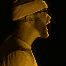 a man with a beard wearing glasses and a yellow beanie