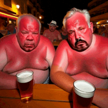 two men with red spots on their bodies are sitting at a table with two glasses of beer