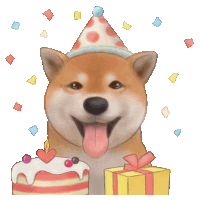 a dog wearing a party hat holds a birthday cake and a gift