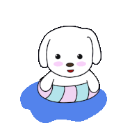 a cartoon drawing of a white dog floating in a pool