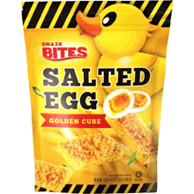 a bag of salted egg golden cube snack bites with a yellow rubber duck on it