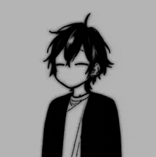 a black and white drawing of a boy with a smiley face