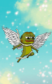 a cartoon of a frog with wings is flying in the sky