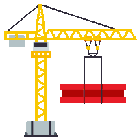 a yellow construction crane is lifting a red piece of metal