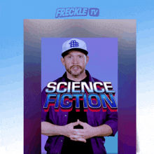 a man in a purple jacket stands in front of a screen that says science fiction