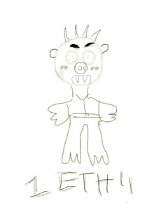 a child 's drawing of a monster with the name 1 ethi written below it