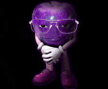 a purple apple with glasses and pink shoes on