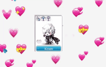 a video game character named koen is surrounded by hearts