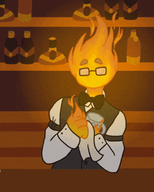 a cartoon drawing of a man with a fire head holding a cup