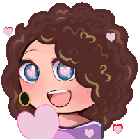 a cartoon drawing of a girl with curly hair holding a heart