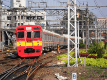 a red and yellow train has the word ality on the front