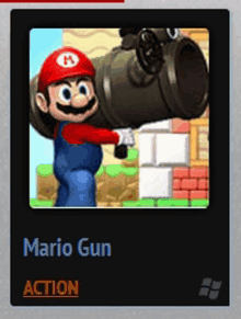 a picture of mario holding a gun with the words mario gun action underneath