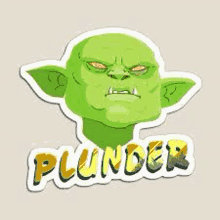 a sticker of a green goblin with the word plundr written on it .