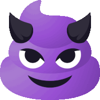 a purple poop with black horns and a smile