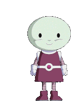 a cartoon character with a white head and a purple dress