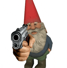 a gnome with a red hat and beard is pointing a gun .