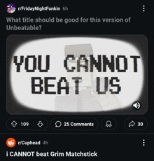 a screenshot of a video that says " you cannot beat us " on it