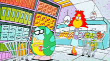 a cartoon character in a store with a sign that says " sale "