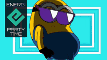 a cartoon minion wearing sunglasses with the words energi party time on the bottom