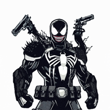 a black and white drawing of venom with two guns