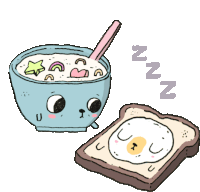 a cartoon drawing of a bowl of cereal and a slice of bread with an egg on it