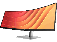 a computer monitor with a curved screen displays a red and yellow background