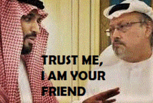 two men are standing next to each other with the words trust me i am your friend