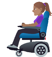 a woman in a purple shirt is sitting in a blue electric wheelchair