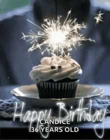 a birthday card for candice 36 years old with a cupcake with sparklers on it