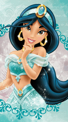 jasmine from the disney princesses is wearing a blue dress and gold earrings