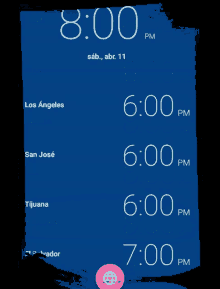 a blue screen shows the time of 8:00 pm in austin bogota houston and lima