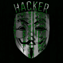 an anonymous mask with the word hacker written above it