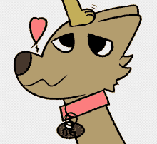 a drawing of a dog with a pink collar and a tag that says os