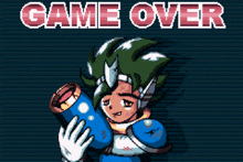 a game over screen with a cartoon character holding a blue object