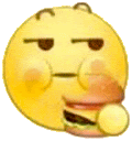 a yellow smiley face is eating a hamburger with its mouth open .