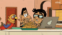 a cartoon of a man and woman eating pancakes next to a laptop with a pear logo