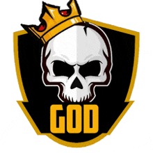 a skull with a gold crown and the word god below it