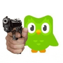 a hand is pointing a gun at an owl .