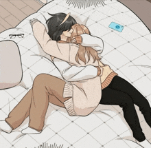 a cartoon of two people hugging on a bed with a cell phone on the floor