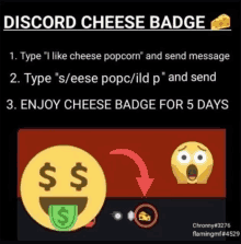 a screenshot of a discord cheese badge that says `` i like cheese popcorn '' and sends a message .