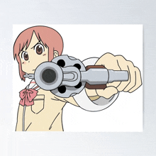 a girl with pink hair is pointing a gun