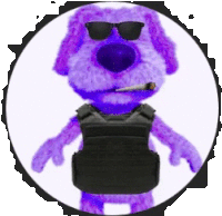 a purple stuffed animal wearing sunglasses and a black vest