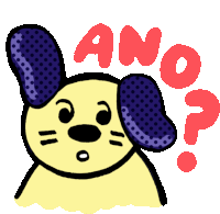 a yellow dog with purple ears and the word ano written in red